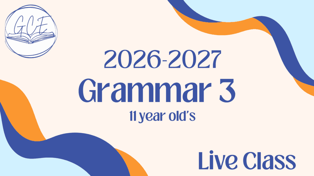 A student engaged in a live online class for Grammar 3, part of a classical Christian homeschool program.