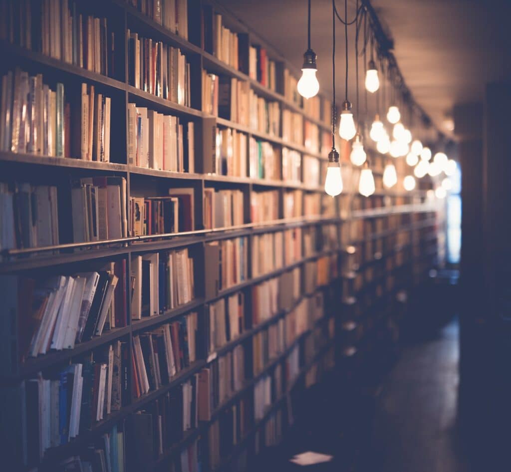 A long library shelf filled with books, illuminated by hanging light bulbs, representing a classical education environment.