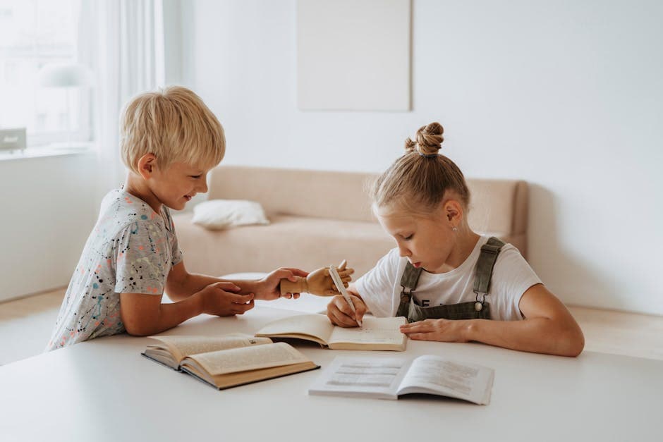 Two children studying with books at home, engaging in classical education stages.